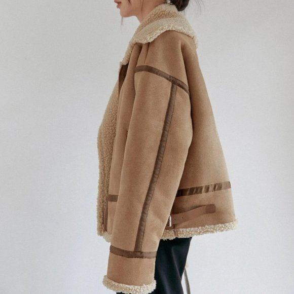 khaki zip up teddy lined coat casual streetwear fall winter - Picture 5 of 8